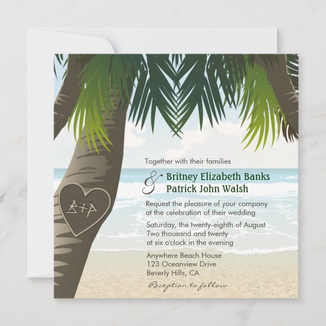 Palm Tree Carved Initials Wedding Invitations (Front)