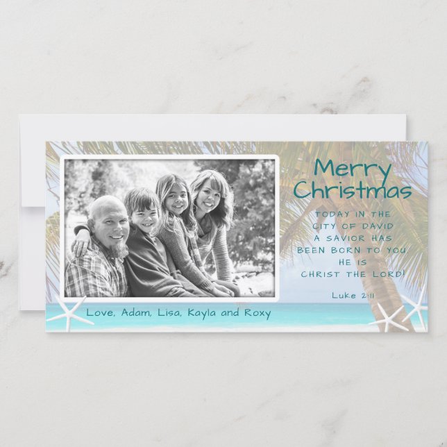 Palm Tree Christian Beach Christmas Photo Card (Front)