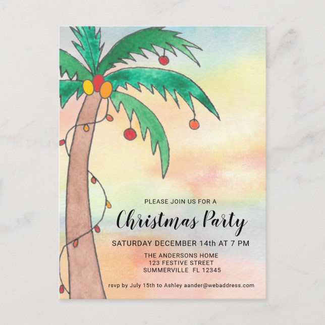 Palm Tree Christmas Party Invitation Postcard (Front)