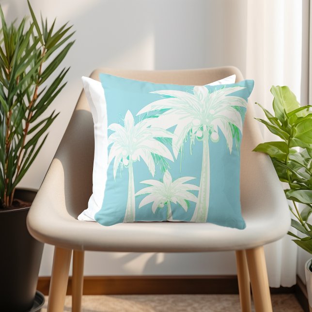 Palm Tree Coastal Beach House Pillow – Aqua Blue (Palm Tree Pillow Aqua Blue Green White Modern Elegant Beach House Coastal Tropic Decor Throw Pillow)