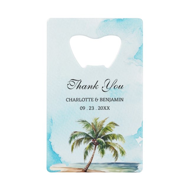 Palm Tree Coastal Beach Wedding Favor  Credit Card Bottle Opener (Front)