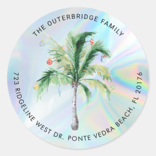 Palm Tree Coastal Christmas Holiday Return Address Classic Round Sticker
