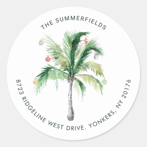 Palm Tree Coastal Christmas Return Address Classic Round Sticker