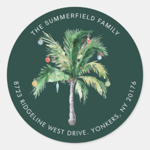Palm Tree Coastal Christmas Return Address Classic Round Sticker