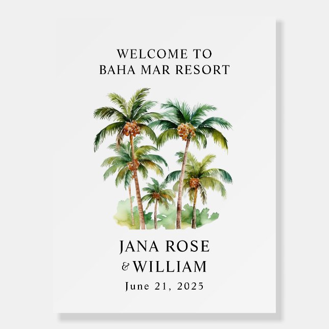 Palm Tree Coconut Tropical Wedding Welcome Sign (Front)