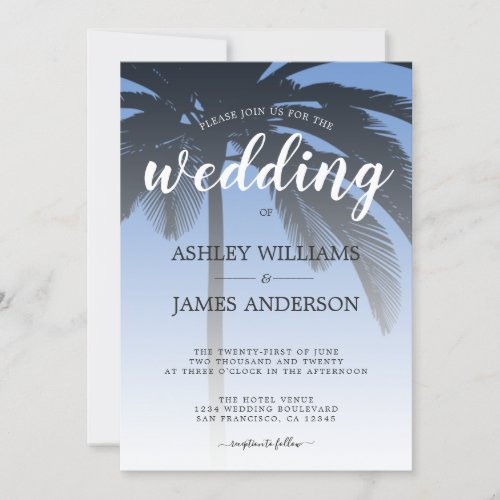 Palm Tree Cornflower Blue Beach Wedding Invitation