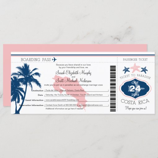 Palm Tree Costa Rica Boarding Pass Wedding Invitation | Zazzle