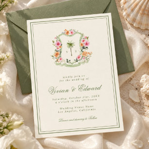 Palm Tree Crest Monogram Tropical Beach Wedding Invitation