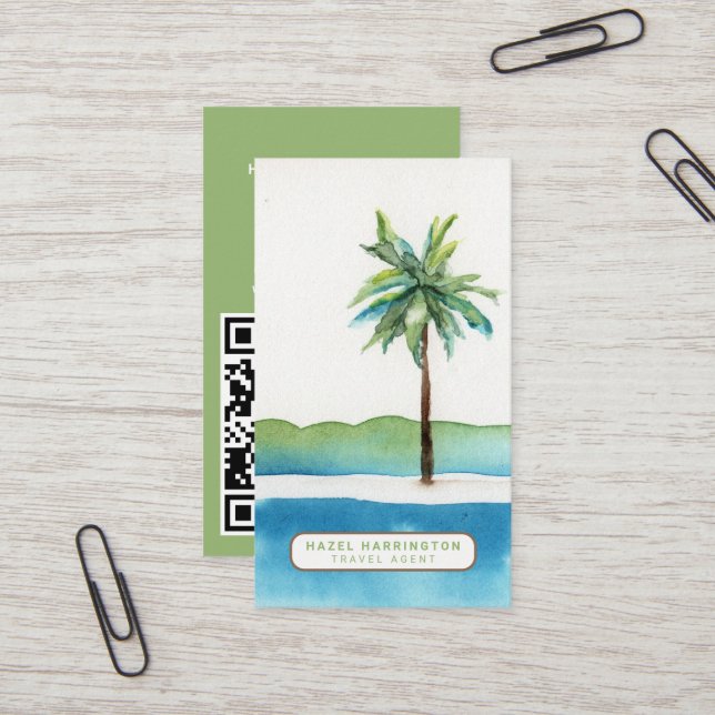 Palm Tree Custom QR Code Scannable Travel Agent Business Card (Front/Back In Situ)