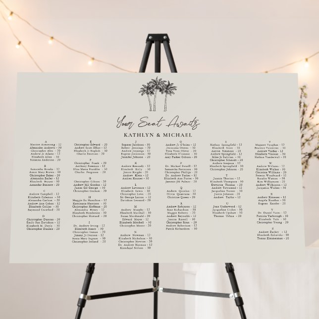 Palm Tree Destination Wedding Alphabetical Seating Foam Board (In Situ (Stand))