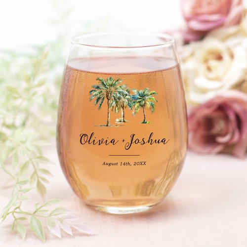 Palm Tree Destination Wedding Favor Stemless Wine Glass