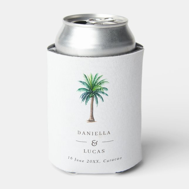 Palm Tree Destination Wedding Names & Date Can Coo Cooler (Can Front)