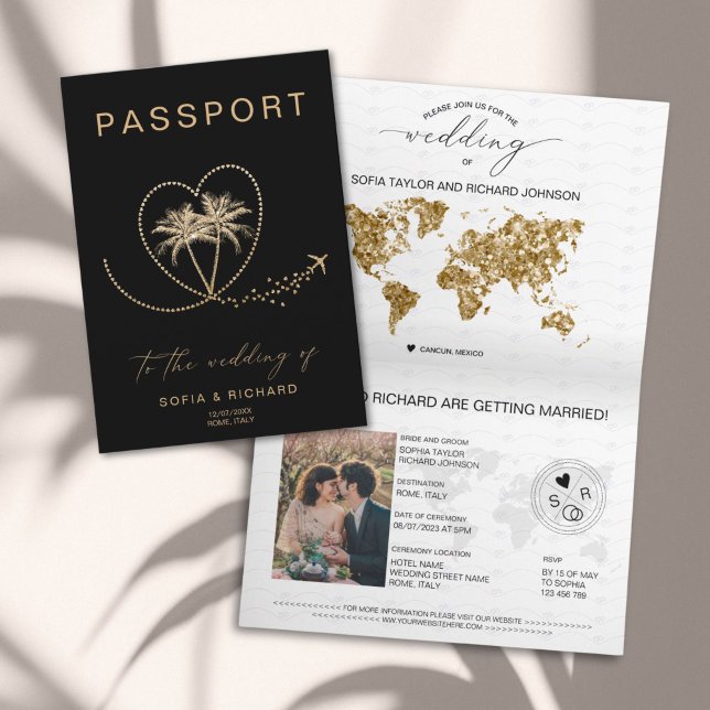 Palm Tree Destination Wedding Passport World Map Invitation (passport wedding invitation with palm trees)