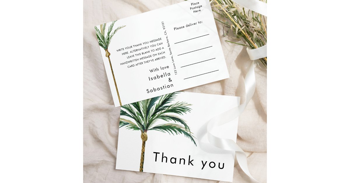 Palm Tree Destination Wedding Thank You Postcard | Zazzle
