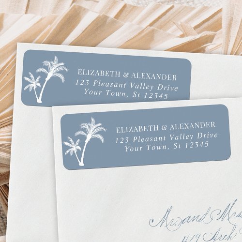 Palm Tree Dusty Blue Wedding Return Address Label