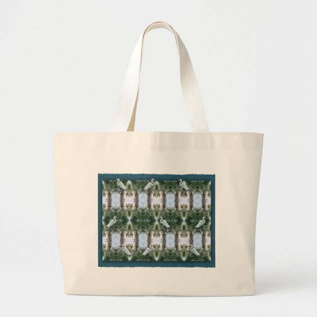 Palm Tree & Egret Large Tote Bag (Front)