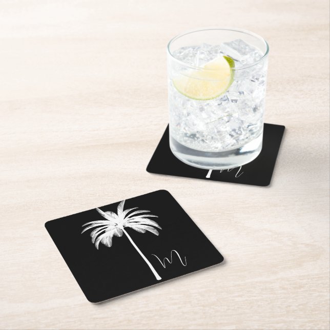 Palm Tree Elegant Black White Square Paper Coaster (Insitu)