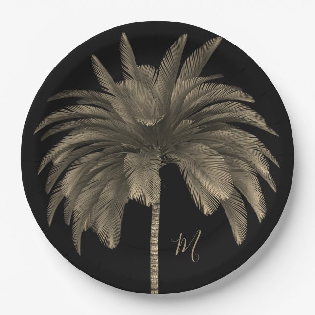 Palm Tree Elegant Retro Chic Black Paper Plates (Front)