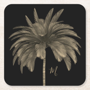 Palm Tree Elegant Retro Chic Black Square Paper Coaster
