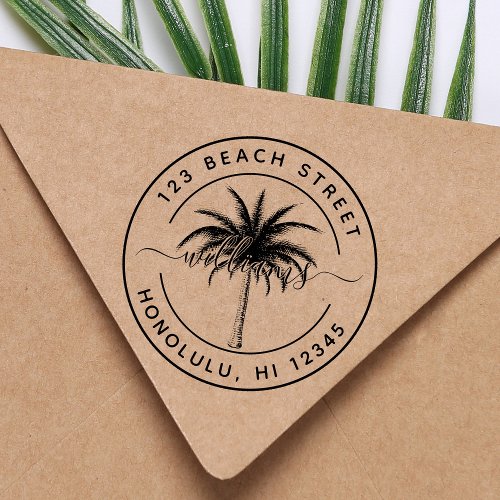 Palm Tree Family Name Round Return Address Rubber Stamp