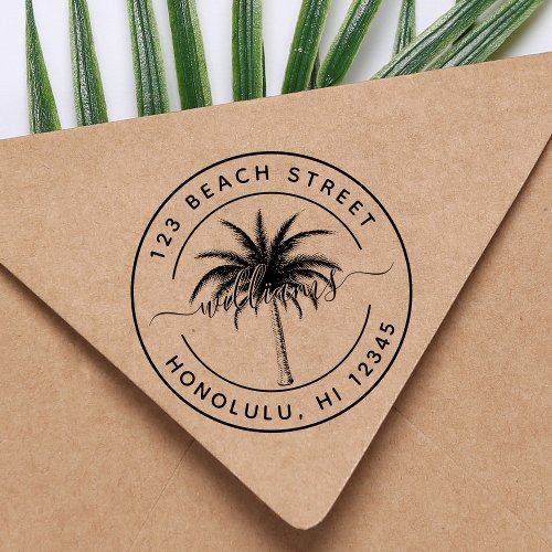 Palm Tree Family Name Round Return Address Self_inking Stamp