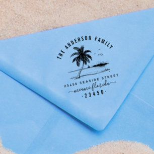 Palm Tree & Family Name Script Return Address Self-inking Stamp