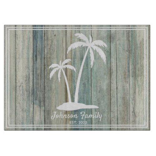Palm Tree Family Name  Year Rustic Wood Beach  Cutting Board