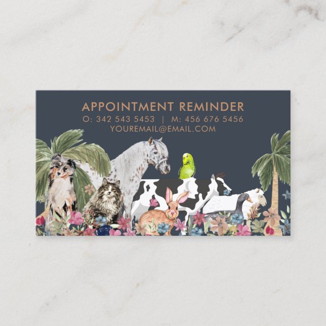Palm Tree Farm Animal Cat Dog Bird Pet Appointment Business Card (Front)