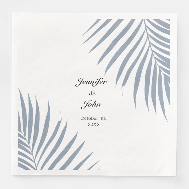 Palm Tree Foliage Dusty Blue Leaves Cool Wedding Paper Dinner Napkins (Front)