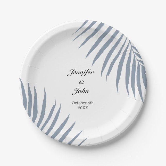 Palm Tree Foliage Dusty Blue Leaves Cool Wedding Paper Plates (Front)