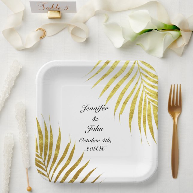 Palm Tree Foliage Gold Foil Leaves Cool Weddings Paper Plates (Wedding)