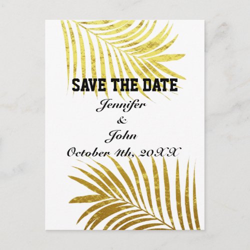 Palm Tree Foliage Gold Foil Leaves Save The Date Postcard
