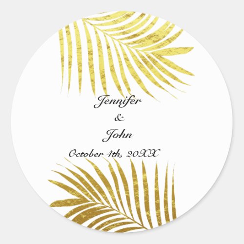 Palm Tree Foliage Gold Foil Leaves Wedding White Classic Round Sticker