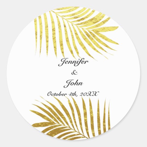 Palm Tree Foliage Gold Foil Leaves Wedding White Classic Round Sticker