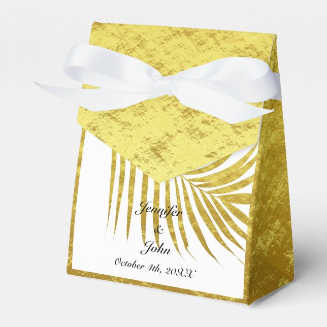Palm Tree Foliage Gold Foil Leaves Wedding White Favor Boxes (Front Side)