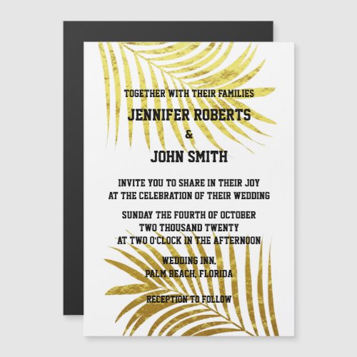 Palm Tree Foliage Gold Foil Leaves Wedding White Magnetic Invitation