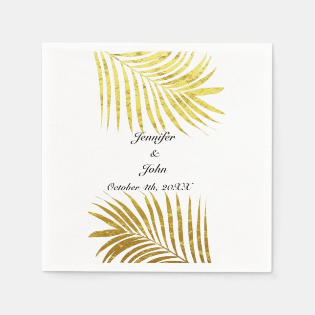Palm Tree Foliage Gold Foil Leaves Wedding White Napkins (Front)