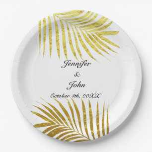Palm Tree Foliage Gold Foil Leaves Wedding White Paper Plates