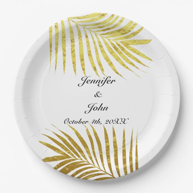Palm Tree Foliage Gold Foil Leaves Wedding White Paper Plates (Front)