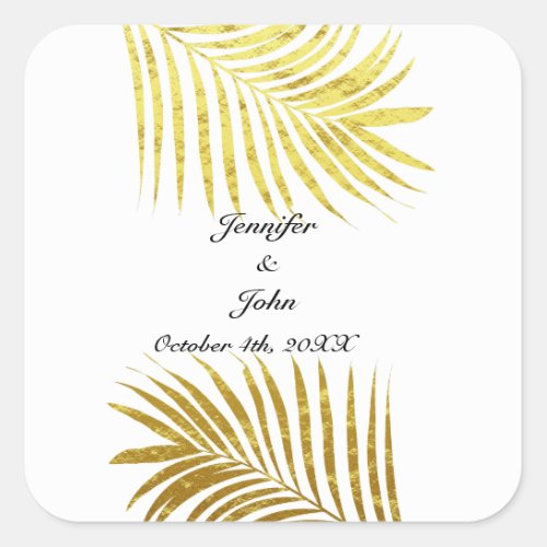 Palm Tree Foliage Gold Foil Leaves Wedding White Square Sticker