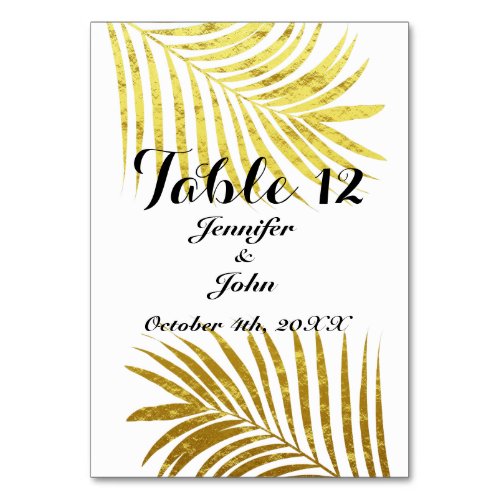 Palm Tree Foliage Gold Foil Leaves Wedding White Table Number