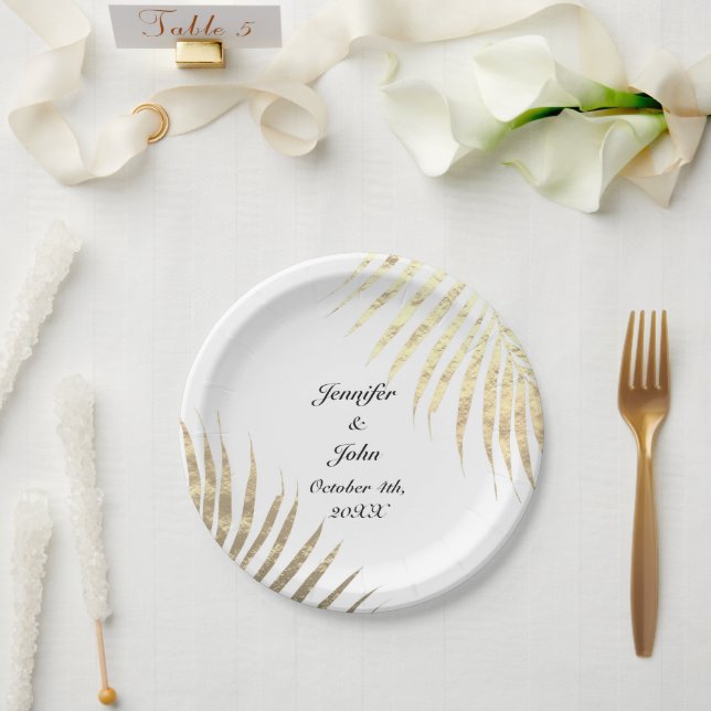 Palm Tree Foliage Gold Foil Leaves Weddings 2022 Paper Plates (Wedding)