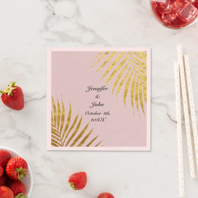 Palm Tree Foliage Gold Foil Leaves Weddings Pink Napkins (Insitu)
