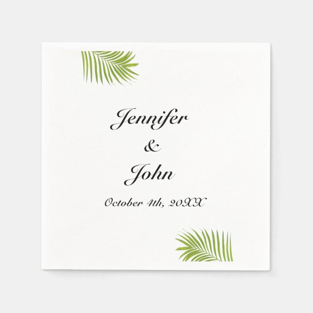Palm Tree Foliage Green Watercolor Leaves Wedding Napkins (Front)