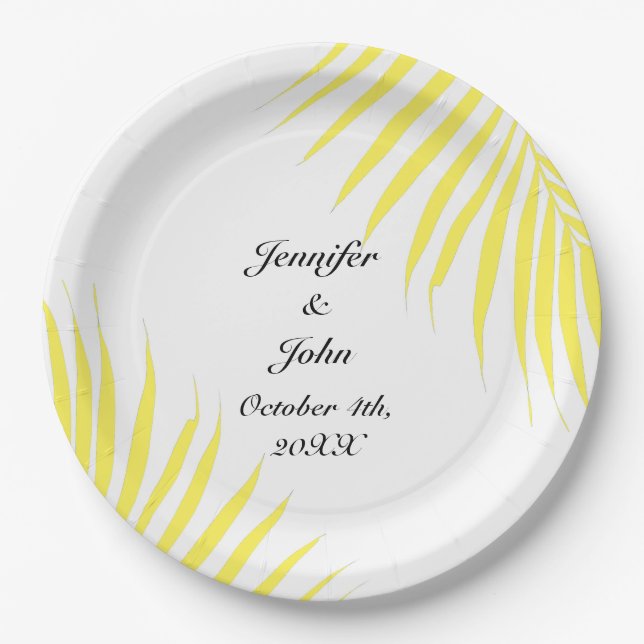 Palm Tree Foliage Lemon Yellow Leaves Weddings Paper Plates (Front)