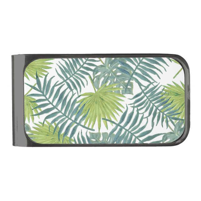 Palm Tree Fronds Painting Hawaiian Gunmetal Finish Money Clip (Front)