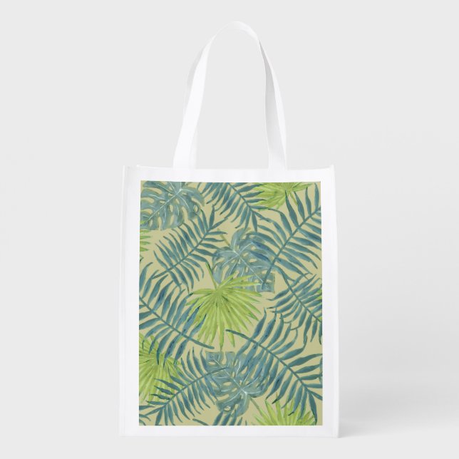 Palm Tree Fronds Painting Hawaiian Reusable Grocery Bag (Back)