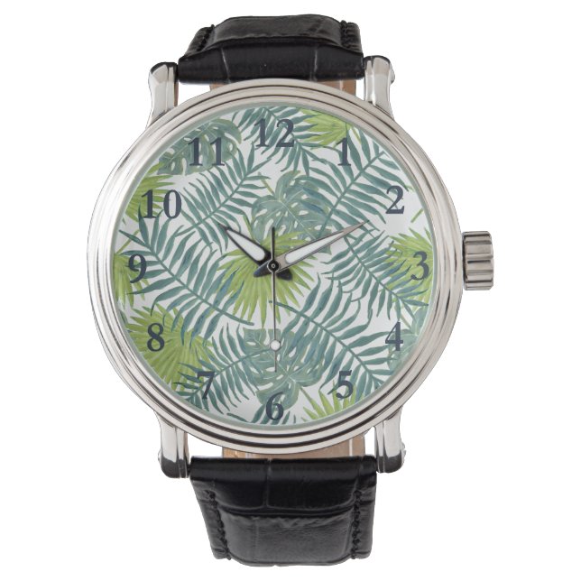 Palm Tree Fronds Painting Hawaiian Watch (Front)