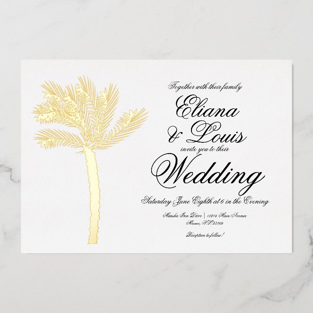 Palm Tree Gold Black Summer Wedding Pressed  Foil Invitation (Front)