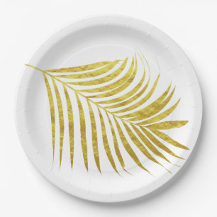 Palm Tree Gold Foil Leaves Glittery Unique White Paper Plates